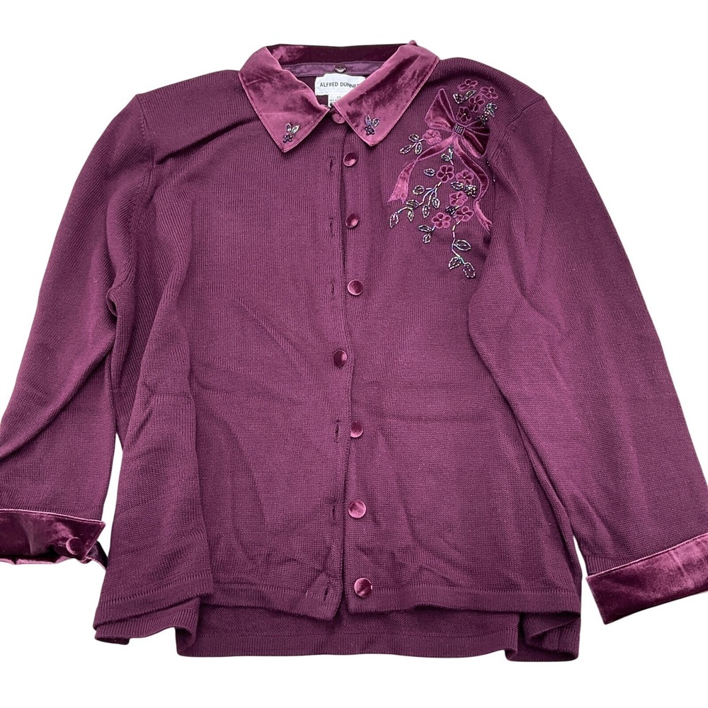 Alfred Dunner Cardigan Women 2X Purple Velvet Evening Embellished Floral Jacket